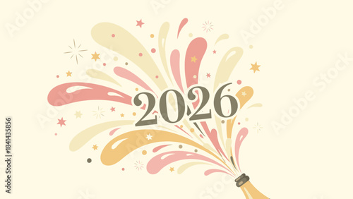 Flat design illustration of colorful fireworks exploding behind '2026' text on a pale yellow background, conveying a Happy New Year 2026 celebration theme with festive and joyful mood.