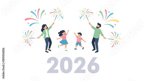 A cheerful family of four jumping and celebrating with fireworks in the air on a white background with a joyful and festive mood for Happy New Year 2026.