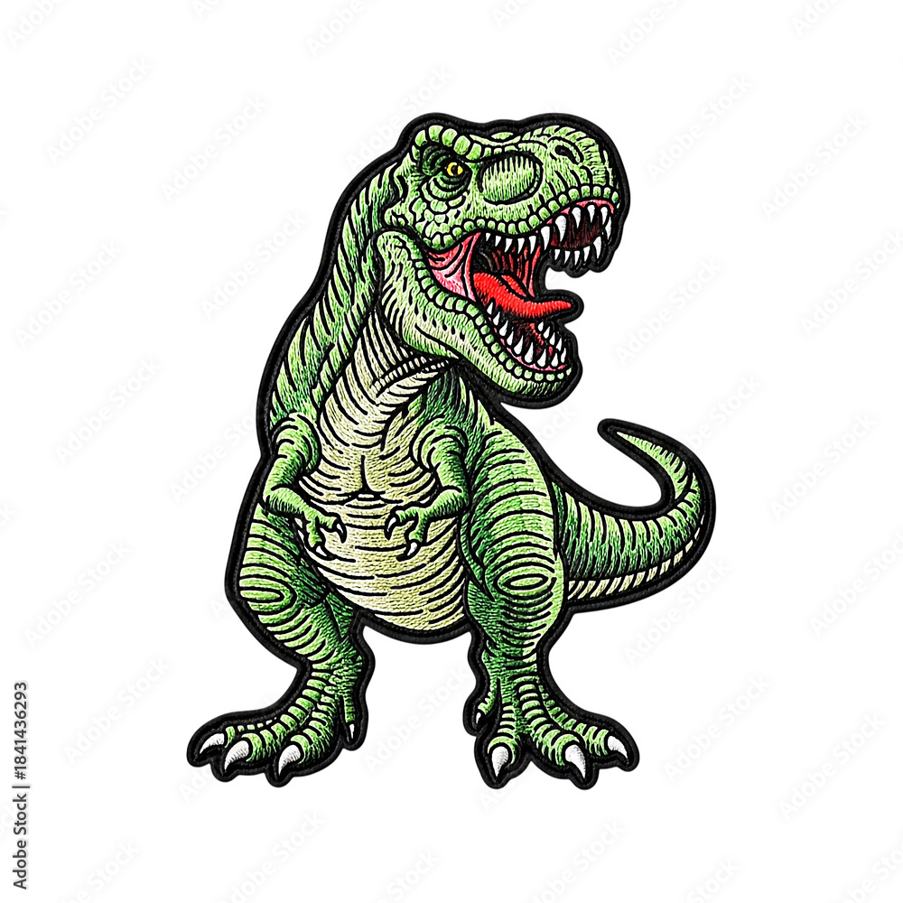 Obraz premium Detailed illustration of a green T-Rex dinosaur with a vibrant color palette and fine line work, perfect for educational or thematic designs. Fierce but stylized.