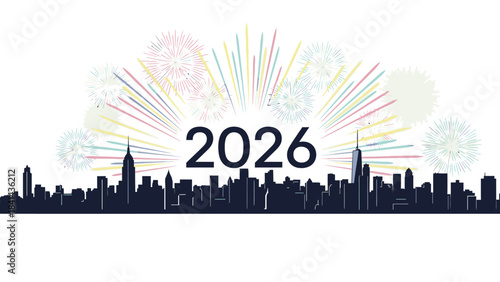Graphic illustration of a city skyline at night with colorful fireworks exploding behind the year '2026' in bold font, against a white background, conveying a Happy New Year 2026