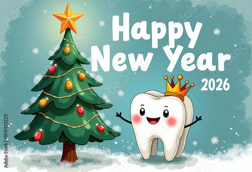 Happy tooth in a crown on a festive background wit Christmas tree, 2026 happy new year card, dental new year concept, 2026 orthodontist new year concept