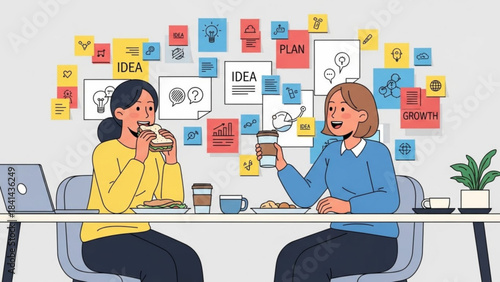 Brainstorming Breakthroughs: Two colleagues, amidst a collaborative workspace adorned with idea-filled sticky notes, enjoy a relaxed lunch break, sparking creative synergy. 