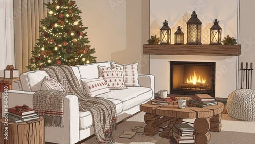 Cozy Christmas Living Room: A beautifully decorated living room, festive for Christmas, features a Christmas tree, a warm fireplace, and inviting decor, creating a scene of holiday cheer and comfort.