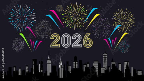 A vibrant city skyline celebrates Happy New Year 2026 with colorful fireworks exploding in the night sky, set against a dark background with bright, festive lights and a bold, metallic year
