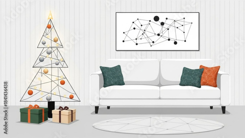 Modern Christmas Living Room: An artful and minimalist Christmas tree stands in a contemporary living room, adorned with subtle decorations, presents and a comfy couch.