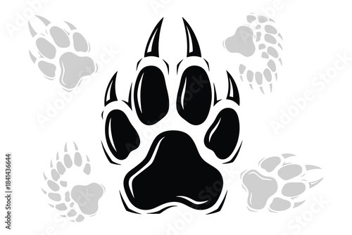 A prominent black animal paw print featuring sharp claws takes center stage surrounded by lighter gray paw prints creating a striking pattern on a clean white background