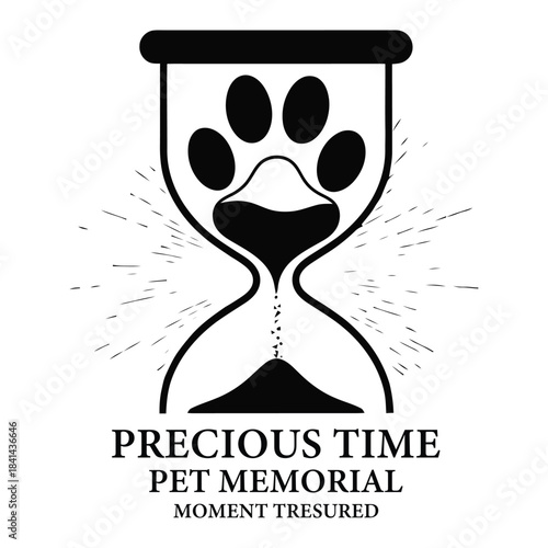 A minimalist black and white vector illustration depicting an hourglass with a pet paw print representing the enduring love and cherished moments shared with a pet