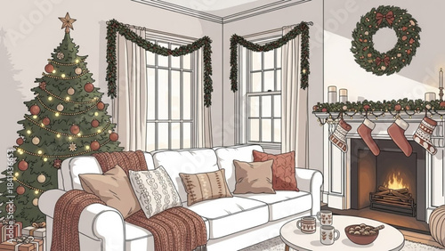 Cozy Christmas Living Room: A warm and inviting living room adorned with Christmas decorations, showcasing a beautifully decorated tree, a fireplace with stockings, and a comfortable sofa.