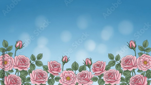 Floral Whispers: A delicate display of pink roses and unopened buds blooms against a soft blue backdrop, the epitome of floral elegance and springtime freshness.