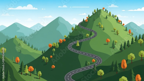 Winding Road to the Summit: A scenic illustration features a meandering road, gracefully ascending a lush green mountain, leading towards the peak under a clear, cloud-dusted sky.
