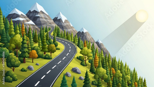 Winding Road to the Top: The road ascends through verdant forests and towards majestic, snow-capped mountains under a radiant sun, symbolizing the journey of life.