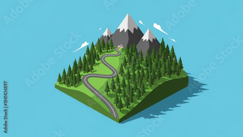 Isometric Mountain Landscape: An isometric illustration captures a serene mountain landscape, featuring towering peaks and a winding road cutting through a verdant forest.