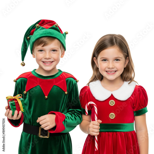 PNG of Two joyful children, a boy in elf costume and a girl in festive dress, celebrating the holiday spirit with smiles and candy canes.