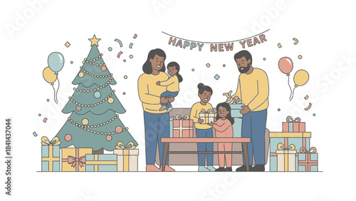 Illustration of a diverse family celebrating Happy New Year 2026 with a Christmas tree, gifts, and decorations in a festive atmosphere.