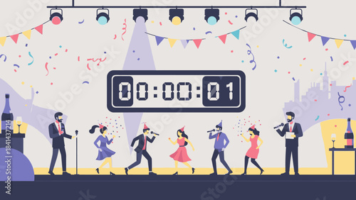 Illustration of people celebrating Happy New Year 2026 on a stage with a countdown timer, colorful confetti, and festive lights in a joyful atmosphere.