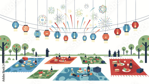 Illustration of people celebrating Happy New Year 2026 in a park with colorful blankets, lanterns, and fireworks decorations.