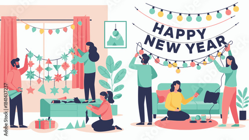 Flat illustration of a group of people decorating a living room with a Happy New Year banner and colorful decorations.