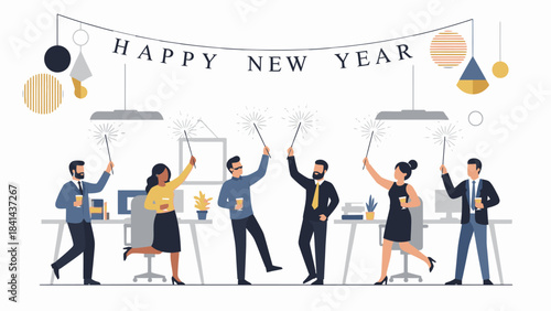 Illustration of businesspeople celebrating Happy New Year 2026 in a modern office with colorful decorations and a festive mood.