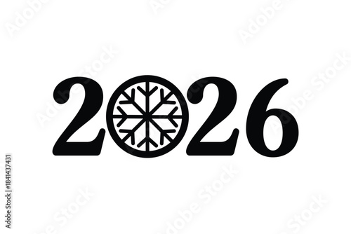 Minimal 2026 New Year typography design with bold black numbers and a decorative snowflake icon replacing the zero, isolated on white background, ideal for holiday cards, calendars, posters and festiv