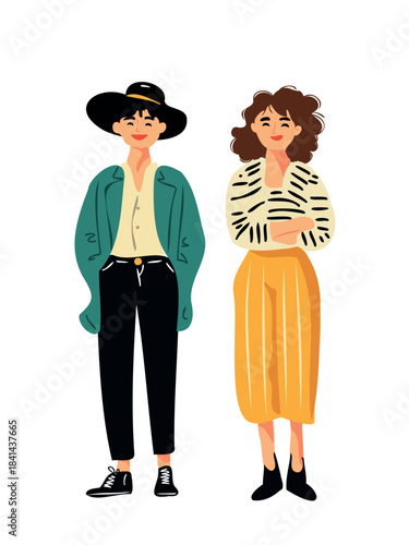 fashionable female duo posing full length on plain white backdrop artwork