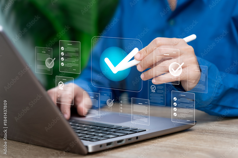 Fototapeta premium Quality Control, Digital Document Approval, Businesswoman Reviewing, Checking, Signing Online Forms to Ensure Accurate Verification, Compliance, Standard Quality Assurance in Modern Business Workflow