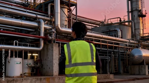 Medium shot of an engineer examining data from a portable emission monitoring device outside a complex industrial facility at dusk.