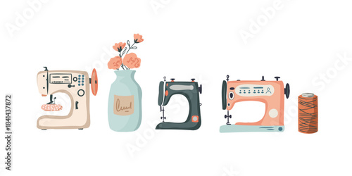 collection of vintage and modern sewing machines artwork