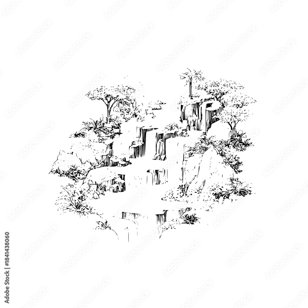 Fototapeta premium Waterfall landscape drawing black and white scenic nature illustration tropical paradise vector design art 100