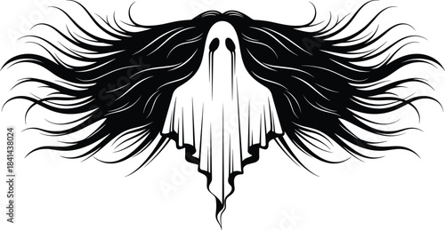 Ghost silhouette illustration, eerie hair flow, supernatural entity, horror theme, dripping eyes, fantasy art, black and white, flat vector illustration