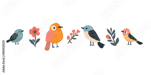 collection of adorable birds with floral elements artwork