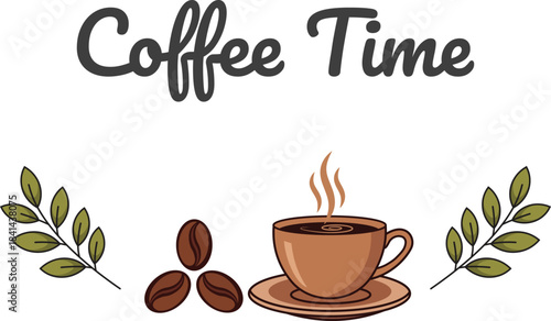 Coffee time illustration with a warm steaming cup, fresh beans, and natural leaf elements vector