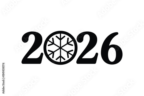 Minimal 2026 New Year typography design with bold black numbers and a decorative snowflake icon replacing the zero, isolated on white background, ideal for holiday cards, calendars, posters and festiv
