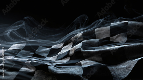 A checkered flag waving with smoke, evoking speed and competition