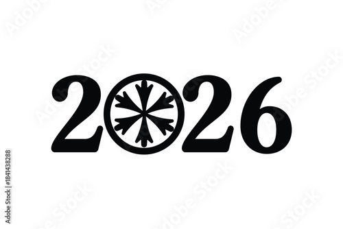 Minimal 2026 New Year typography design with bold black numbers and a decorative snowflake icon replacing the zero, isolated on white background, ideal for holiday cards, calendars, posters and festiv