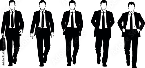 Set of Five Black Businessman Silhouettes in Suits and Ties Walking and Posing, Representing Professionalism, Corporate Life, and Success, Vector