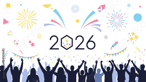 Silhouette of a crowd celebrating Happy New Year 2026 with raised hands amidst colorful fireworks and confetti on a white background.