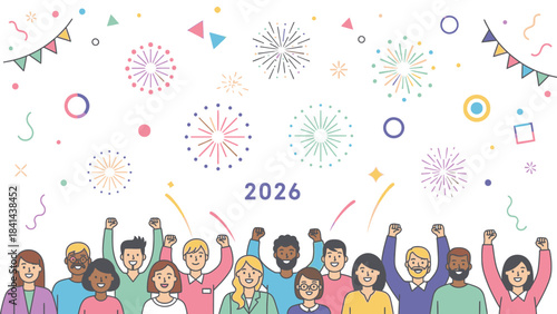 Diverse group of people celebrating with raised arms and festive decorations for Happy New Year 2026 in a colorful and joyful scene.