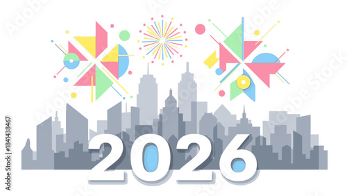 Graphic illustration of a city skyline with colorful pinwheels and fireworks exploding above the year 2026 in bold white text on a clean white background, conveying a joyful and celebratory