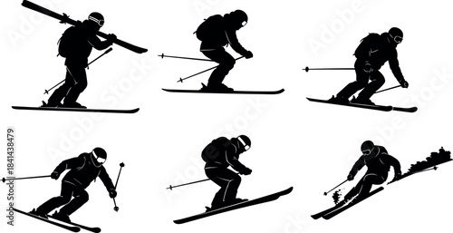 Set of Six Black Skiing Silhouettes Sses, Winter ActivitySet of Six Black Skiing Silhouettes Showing Dynamic Skiers in