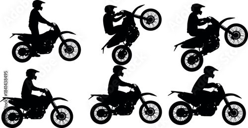 Set of Six Black Motocross Dirt Bike Rider Silhouettes Showing Different Action Poses, Including Wheelies and Jumps, Extreme Sport Collection