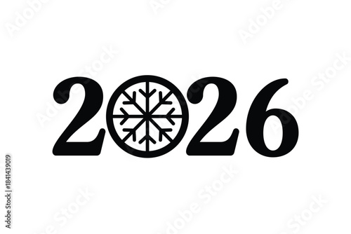 Minimal 2026 New Year typography design with bold black numbers and a decorative snowflake icon replacing the zero, isolated on white background, ideal for holiday cards, calendars, posters and festiv