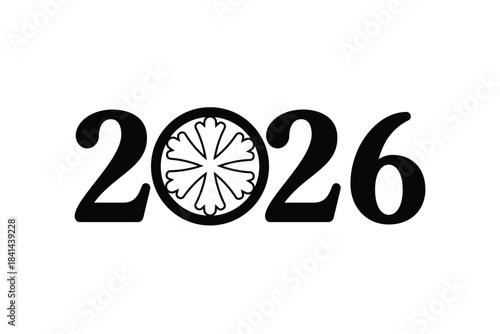 Minimal 2026 New Year typography design with bold black numbers and a decorative snowflake icon replacing the zero, isolated on white background, ideal for holiday cards, calendars, posters and festiv