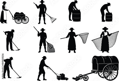 Manual labor, silhouette, rural work, farming, fishing, pioneer, historical, black, outline, cart, hoe, rake, barrel, net, gloves, wagon, lawnmower, traditional, worker, flat vector illustration