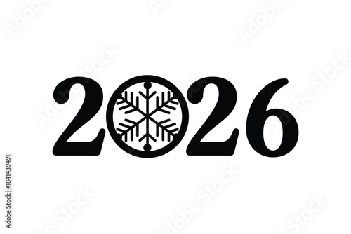 Minimal 2026 New Year typography design with bold black numbers and a decorative snowflake icon replacing the zero, isolated on white background, ideal for holiday cards, calendars, posters and festiv