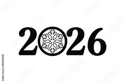 Minimal 2026 New Year typography design with bold black numbers and a decorative snowflake icon replacing the zero, isolated on white background, ideal for holiday cards, calendars, posters and festiv