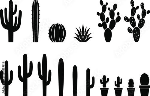 Cactus silhouette set, succulent plant vector, desert flora icons, black botanical shapes, prickly pear, potted cactus, rosette succulent, illustrationCactus silhouette set, succulent plant vector