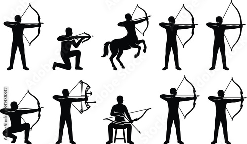 Archer silhouette illustration, bow and arrow, crossbow, horseback archer, combat pose, black vector, historical weapon, warrior stance, tactical formArcher silhouette illustration, 
