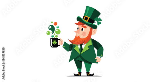 Cheerful leprechaun in a green suit raises a mug overflowing with clovers and bubbles for St Patrick's day celebration filled with merriment.
