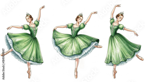 Classic Christmas Green Ballerina Dancers Set, Elegant Ballet Girls in Green Costumes, Watercolor Ballet Illustration Collection