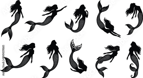 Mermaid silhouette illustration, fantasy theme, underwater pose, swimming mermaids, black vector, mythical creature, ocean art, graceful movement, decorative designMermaid silhouette illustration, 
